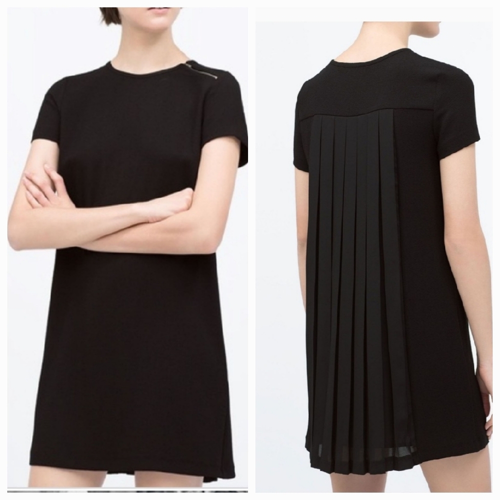 Zara Pleated Back Short Sleeve Mini Dress Black Small NEW